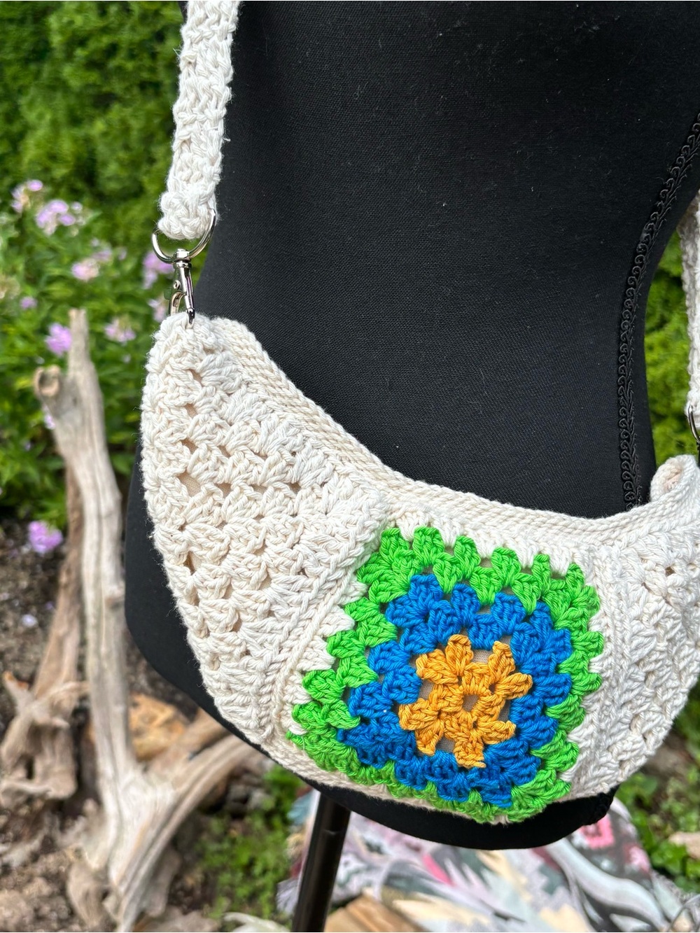 Handcrafted Cream Crochet Shoulder Bag with Colorful Accent